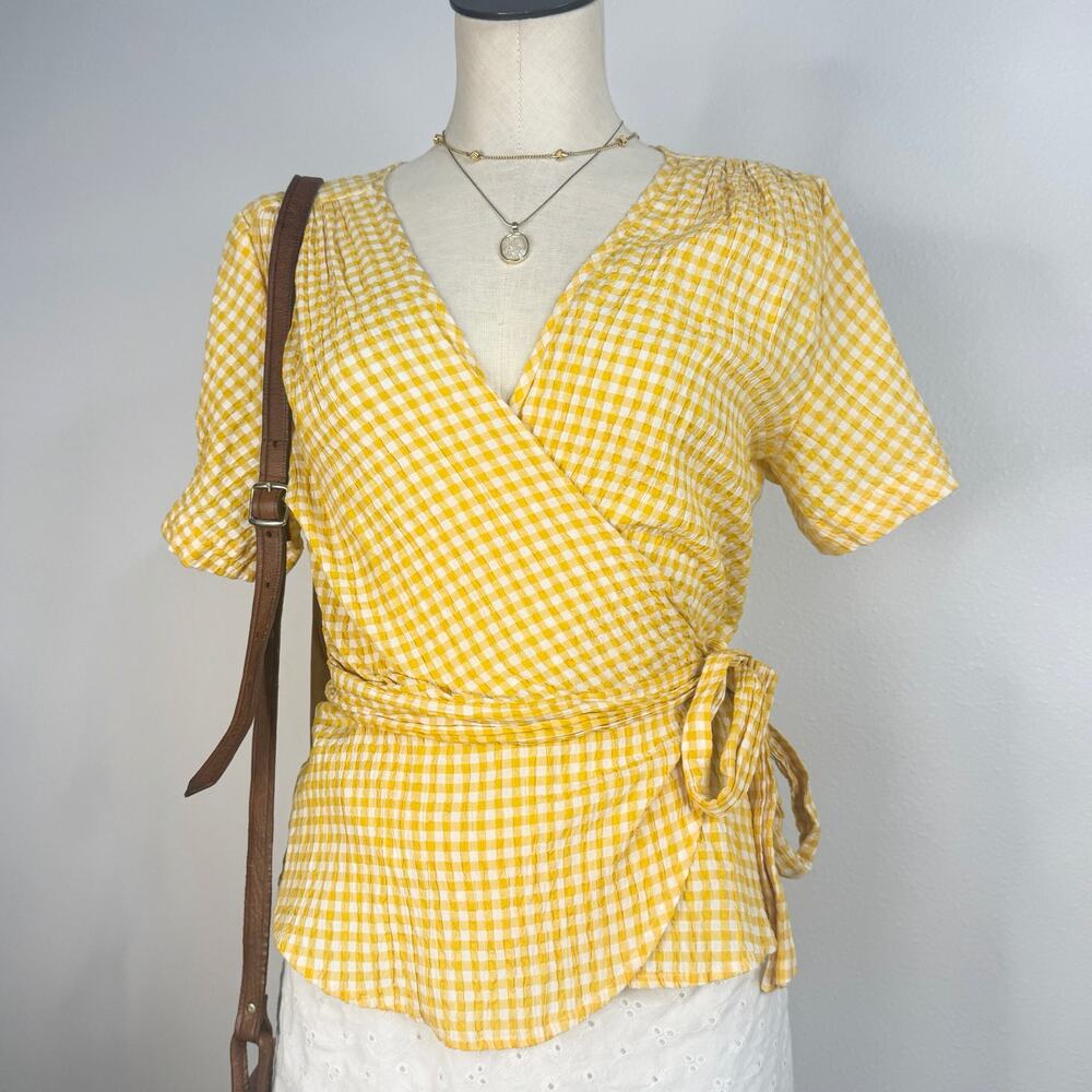 Yellow Gingham Wrap Top Cottagecore Seersucker Blouse Summer Picnic Shirt Large